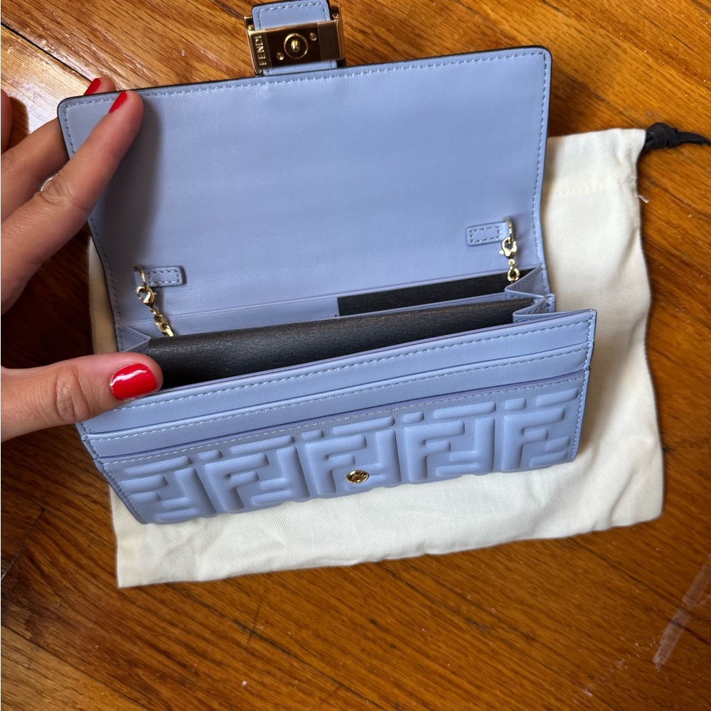 NEW, NEVER USED Fendi Light Blue Embossed Wallet on Chain - Picture 2 of 9